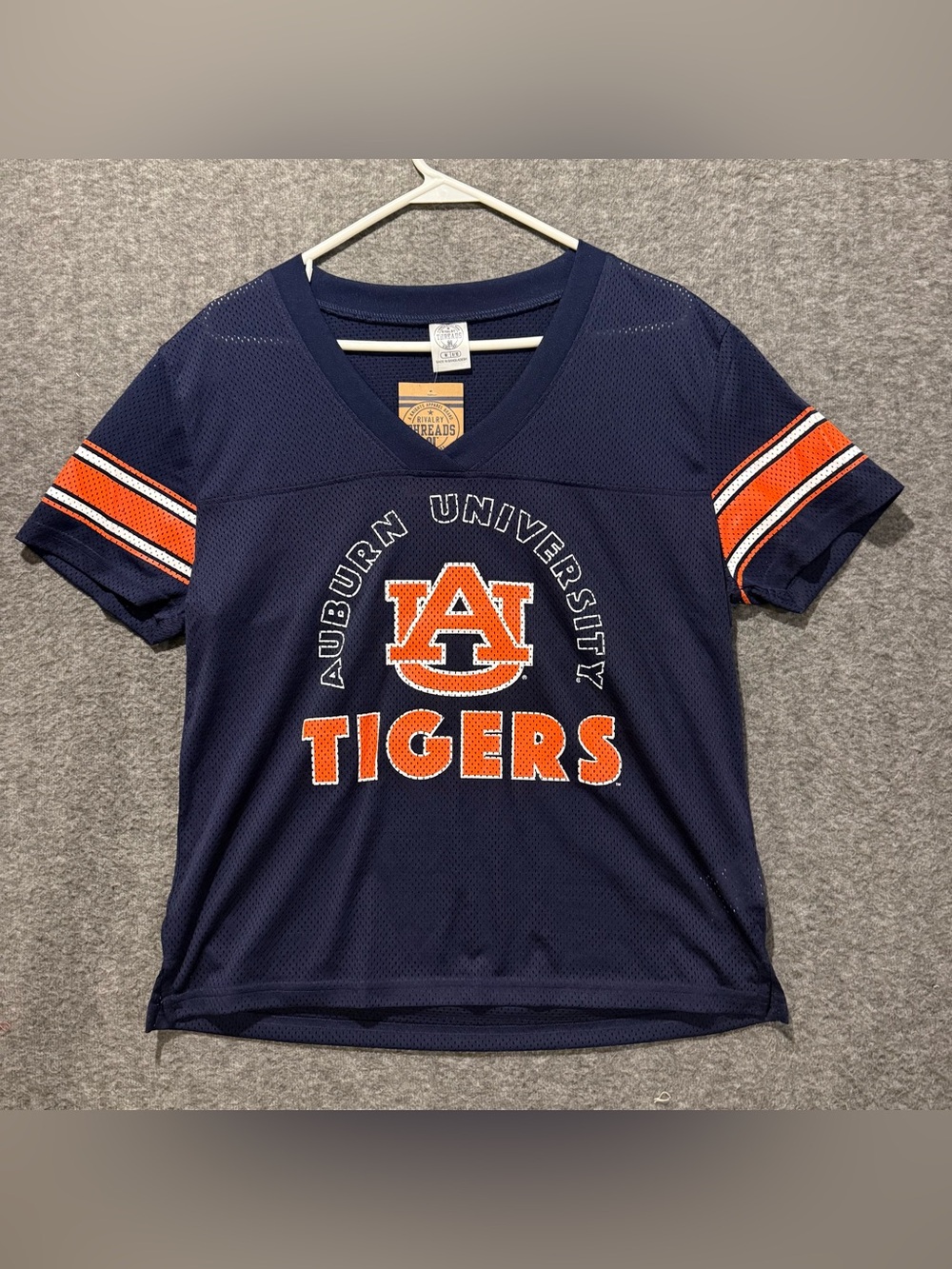 Auburn Tigers Jersey Tee Shirt Womens M 8/10 Navy Orange Mesh V Neck AU NEW